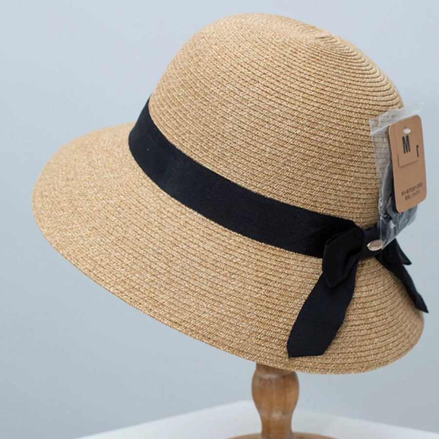 Straw Sun Hat with Ribbon Accent Apparel and Accessories