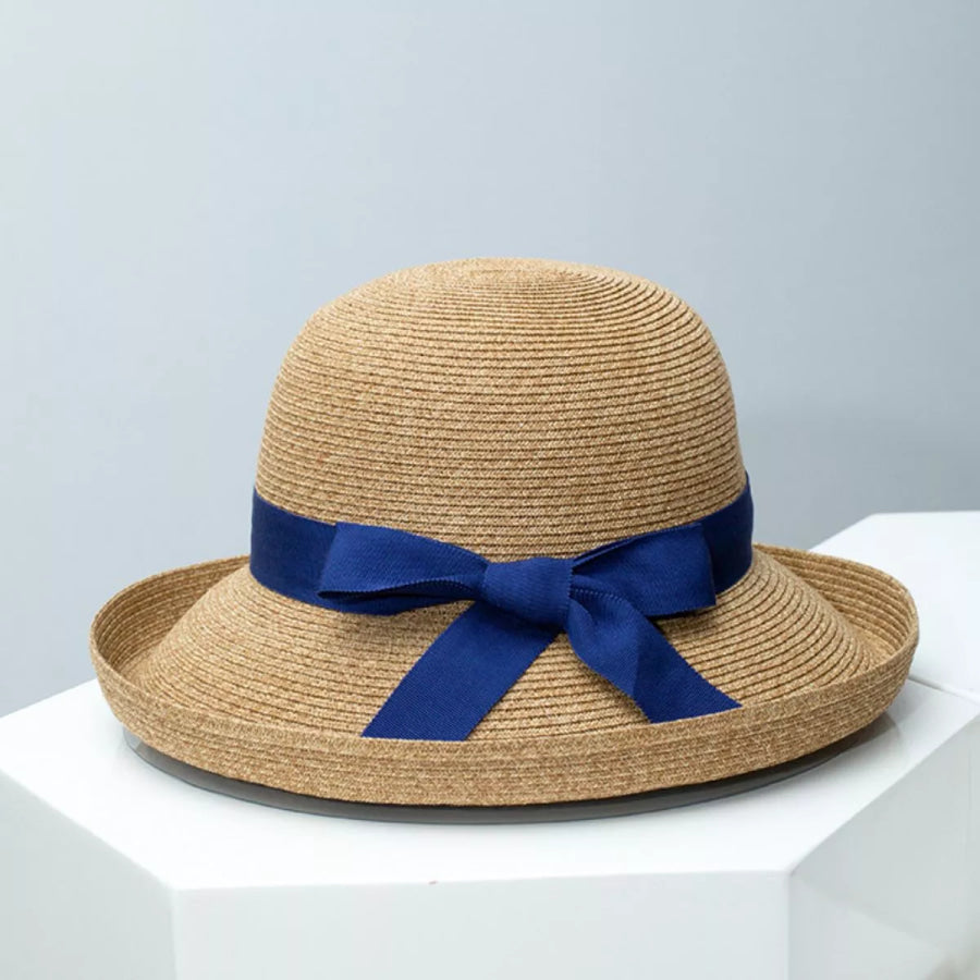 Straw Sun Hat with Ribbon Accent Blue / One Size Apparel and Accessories