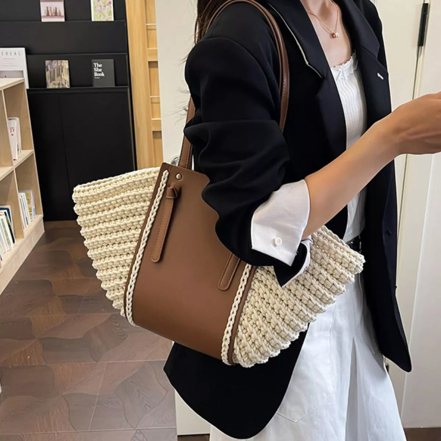 Straw Woven Shoulder Bag Beige / One Size Apparel and Accessories