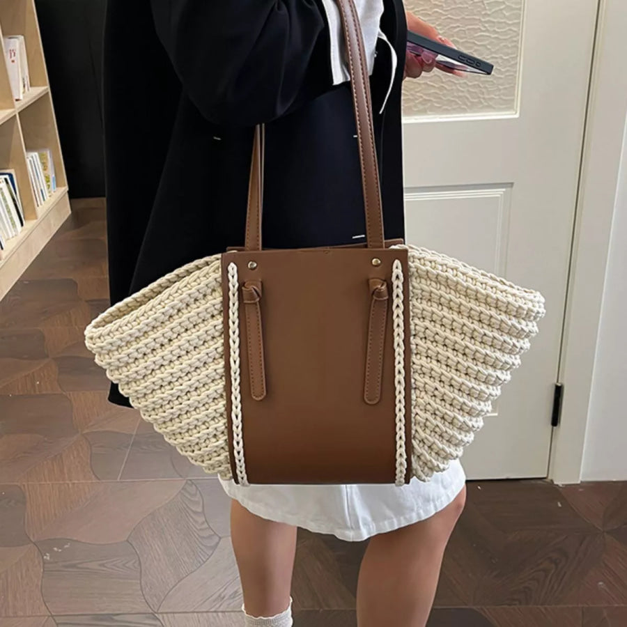 Straw Woven Shoulder Bag Beige / One Size Apparel and Accessories