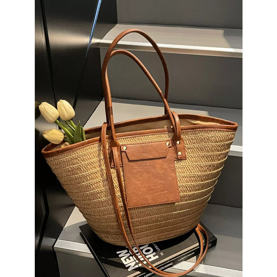 Straw Woven Shoulder Bag with Leather Accents Khaki / onesize Apparel and Accessories