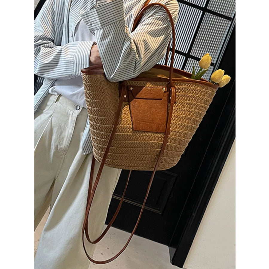 Straw Woven Shoulder Bag with Leather Accents Khaki / onesize Apparel and Accessories
