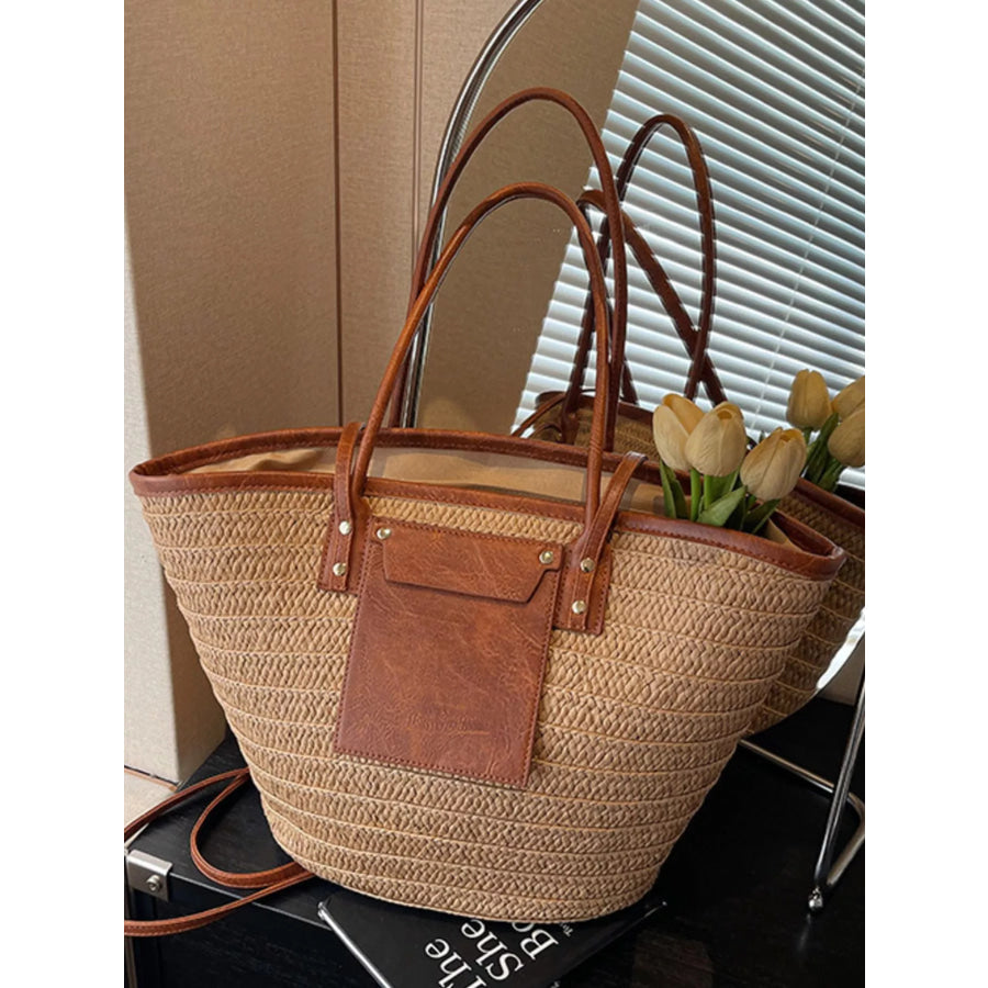 Straw Woven Shoulder Bag with Leather Accents Khaki / onesize Apparel and Accessories