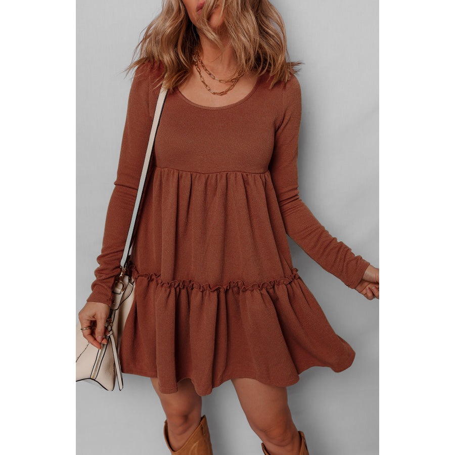 Straw Yellow Ribbed Frilled Trim High Waist Long Sleeve Mini Dress Dresses/Mini Dresses