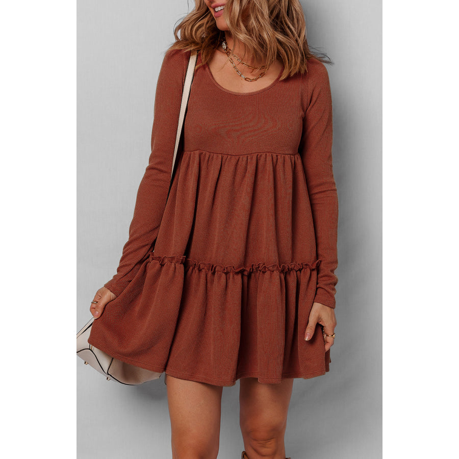 Straw Yellow Ribbed Frilled Trim High Waist Long Sleeve Mini Dress Dresses/Mini Dresses