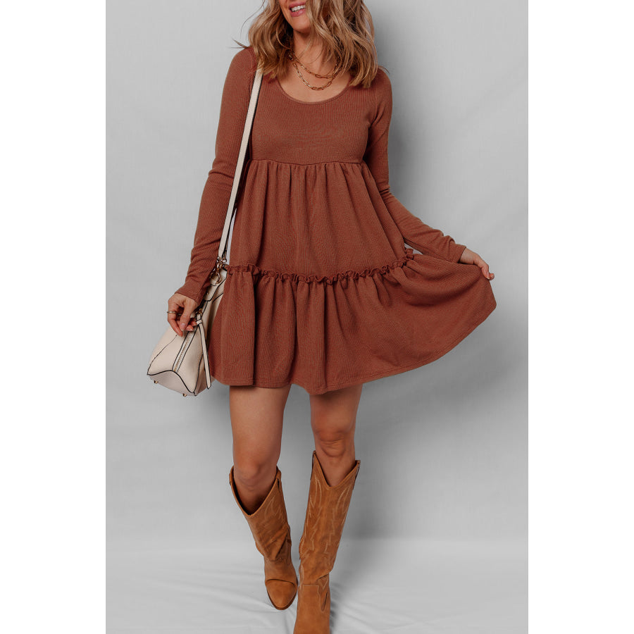 Straw Yellow Ribbed Frilled Trim High Waist Long Sleeve Mini Dress Dresses/Mini Dresses