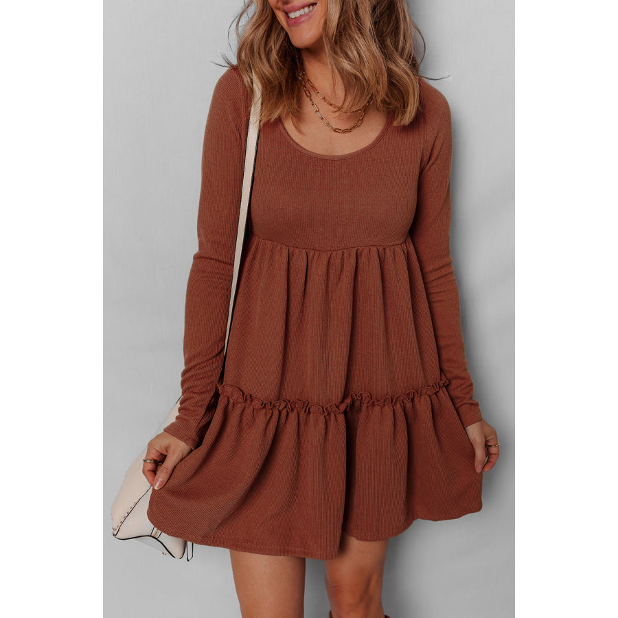 Straw Yellow Ribbed Frilled Trim High Waist Long Sleeve Mini Dress Straw Yellow / S / 95% Polyester + 5% Elastane Dresses/Mini Dresses