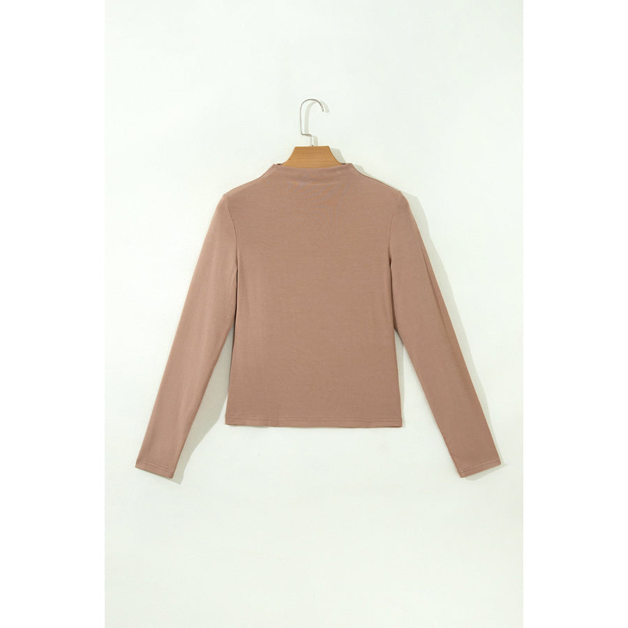 Straw Yellow Solid Color Ribbed High Neck Long Sleeve Sheath Top Tops/Long Sleeve Tops