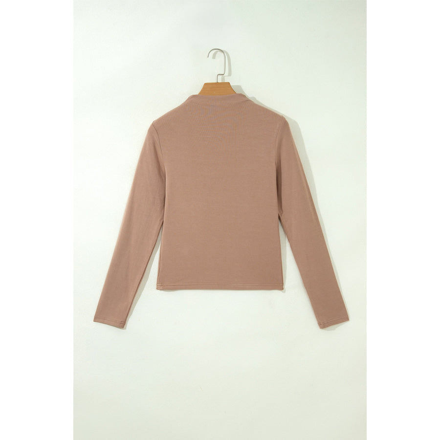 Straw Yellow Solid Color Ribbed High Neck Long Sleeve Sheath Top Tops/Long Sleeve Tops