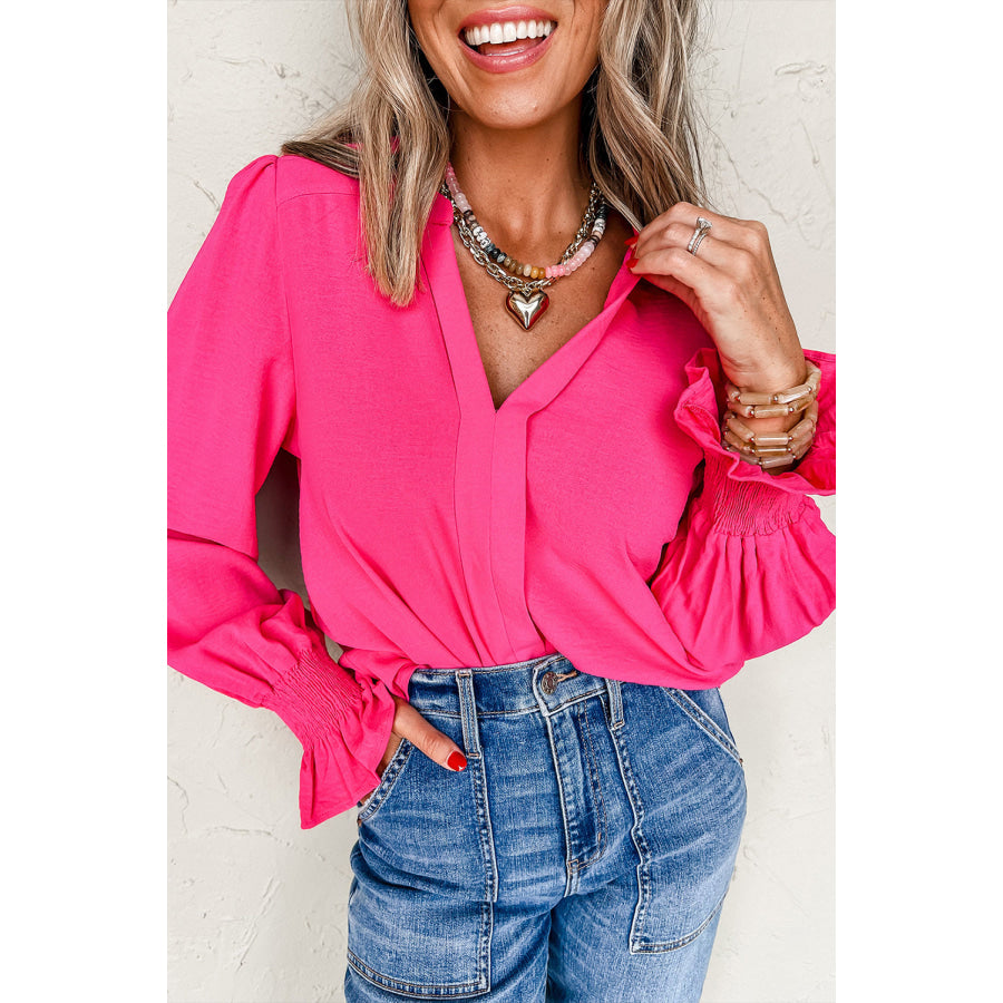 Straw Yellow Solid Color Shirred Cuff Notch V Neck Blouse Rose Red / S / 100% Polyester Tops/Blouses &amp; Shirts