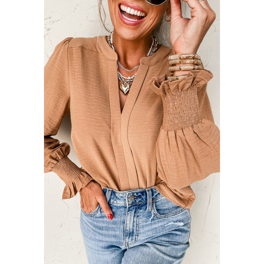 Straw Yellow Solid Color Shirred Cuff Notch V Neck Blouse Straw Yellow / S / 100% Polyester Tops/Blouses & Shirts