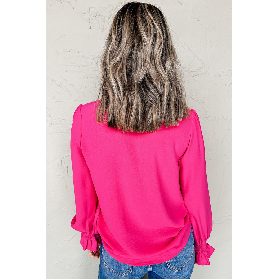 Straw Yellow Solid Color Shirred Cuff Notch V Neck Blouse Tops/Blouses &amp; Shirts