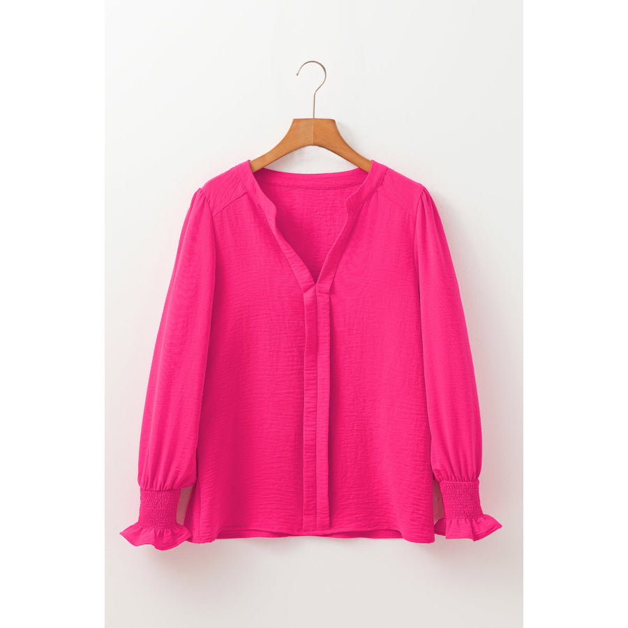Straw Yellow Solid Color Shirred Cuff Notch V Neck Blouse Tops/Blouses &amp; Shirts