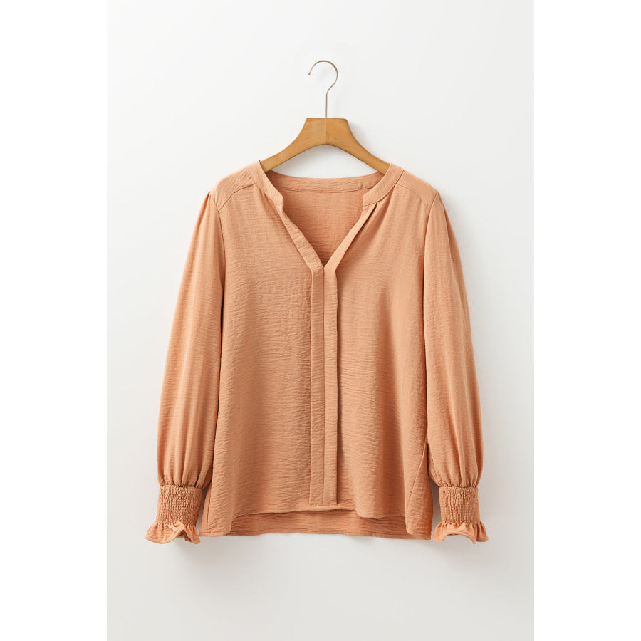 Straw Yellow Solid Color Shirred Cuff Notch V Neck Blouse Tops/Blouses &amp; Shirts