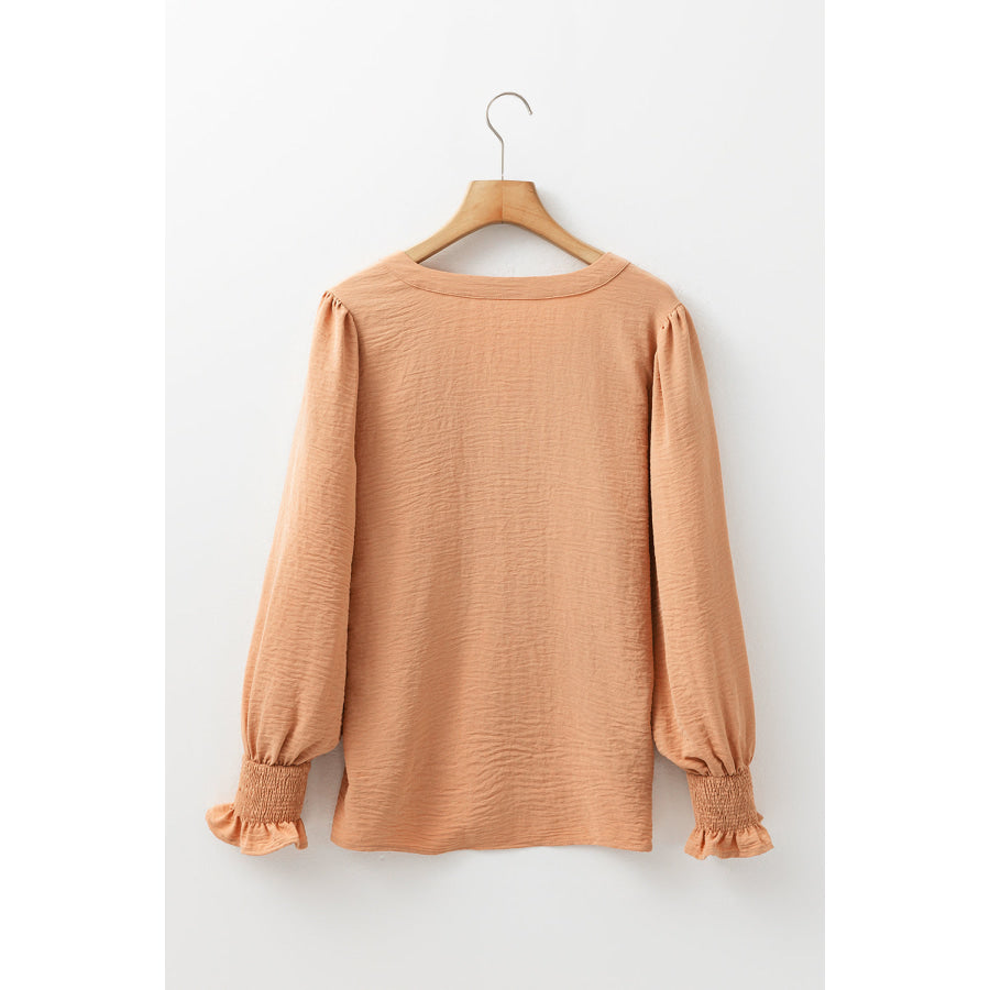 Straw Yellow Solid Color Shirred Cuff Notch V Neck Blouse Tops/Blouses &amp; Shirts
