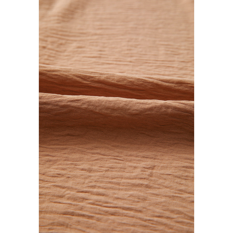 Straw Yellow Solid Color Shirred Cuff Notch V Neck Blouse Tops/Blouses &amp; Shirts