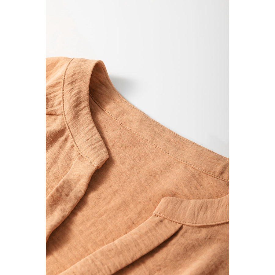Straw Yellow Solid Color Shirred Cuff Notch V Neck Blouse Tops/Blouses &amp; Shirts