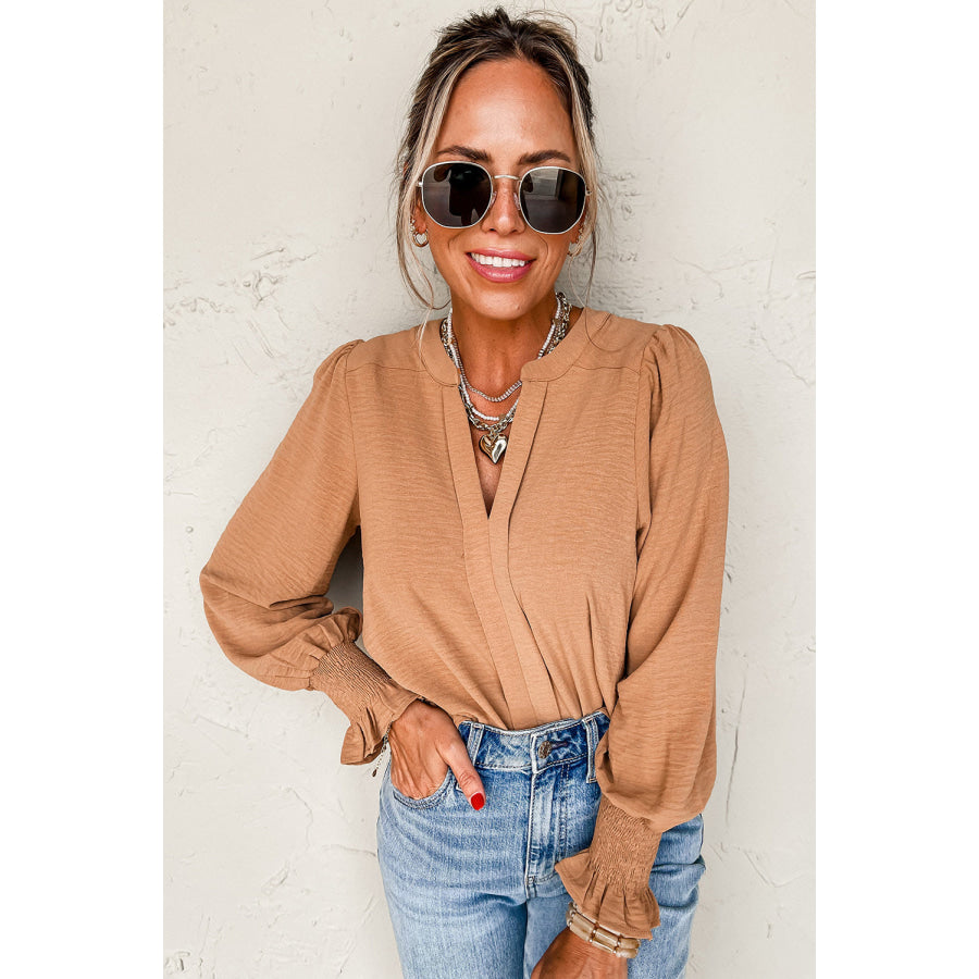 Straw Yellow Solid Color Shirred Cuff Notch V Neck Blouse Tops/Blouses &amp; Shirts