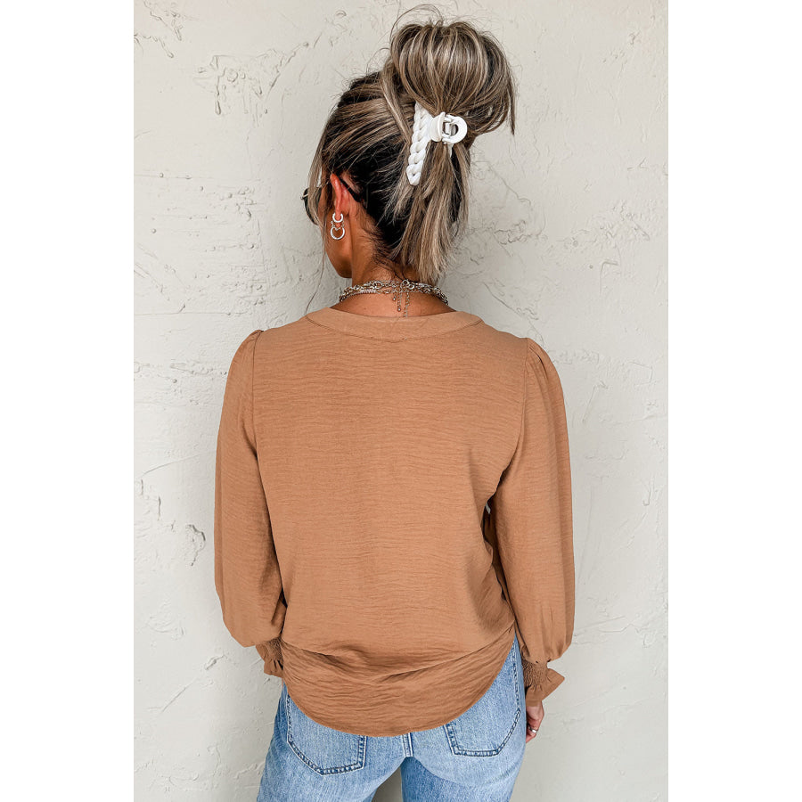 Straw Yellow Solid Color Shirred Cuff Notch V Neck Blouse Straw Yellow / S / 100% Polyester Tops/Blouses & Shirts