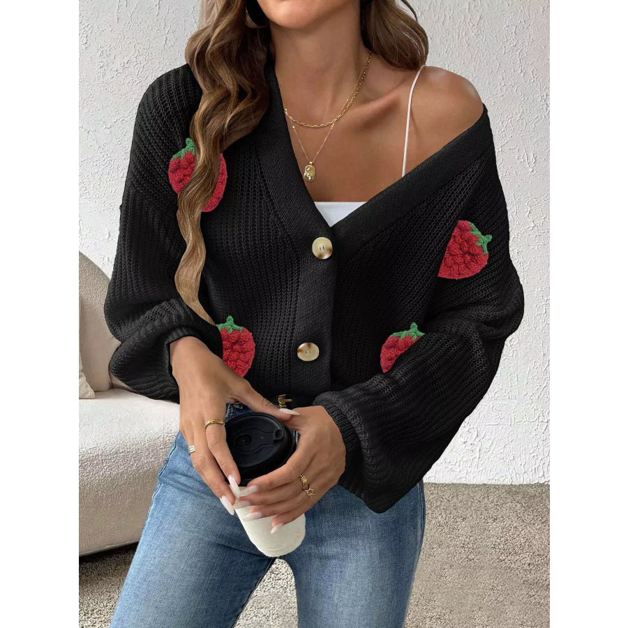 Strawberry Applique Button Up Cardigan Apparel and Accessories