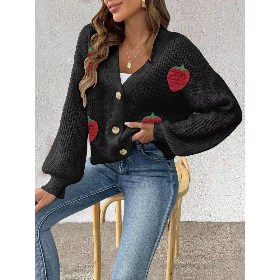 Strawberry Applique Button Up Cardigan Apparel and Accessories