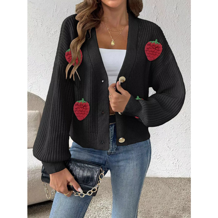Strawberry Applique Button Up Cardigan Black / S Apparel and Accessories