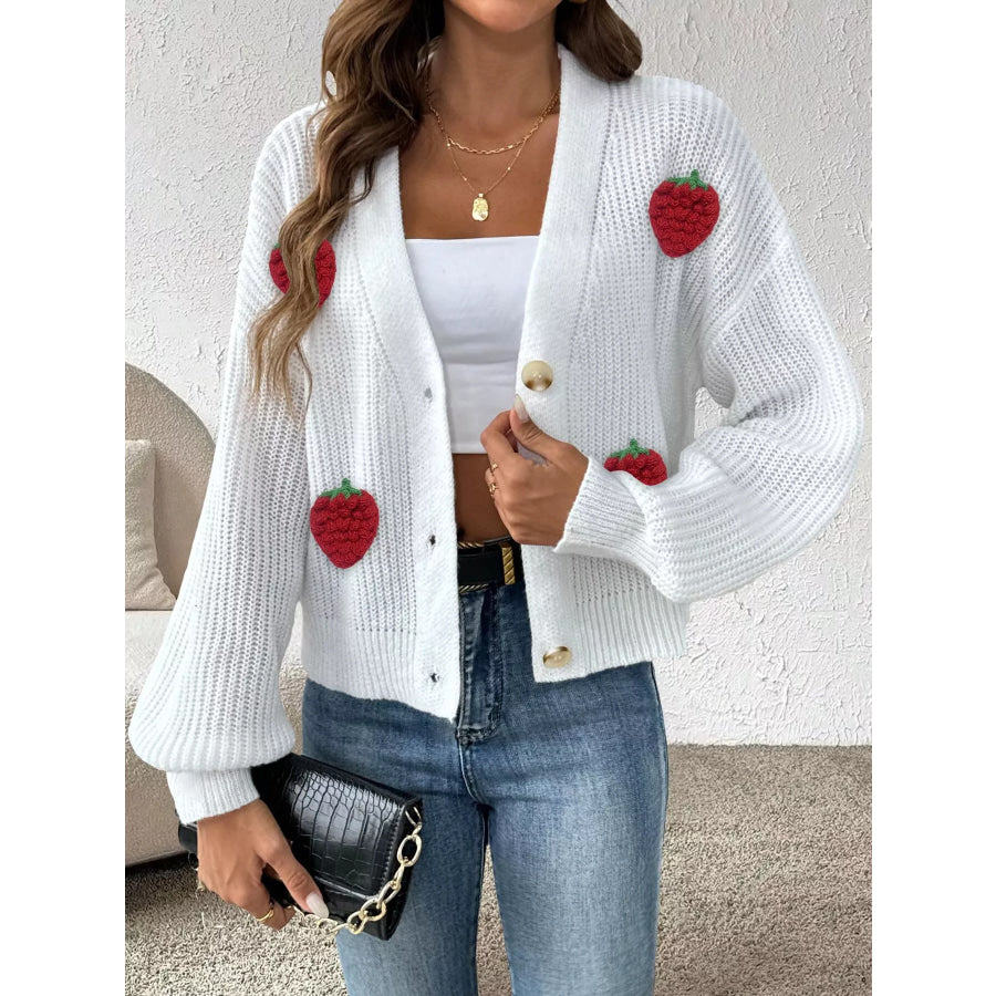 Strawberry Applique Button Up Cardigan White / S Apparel and Accessories