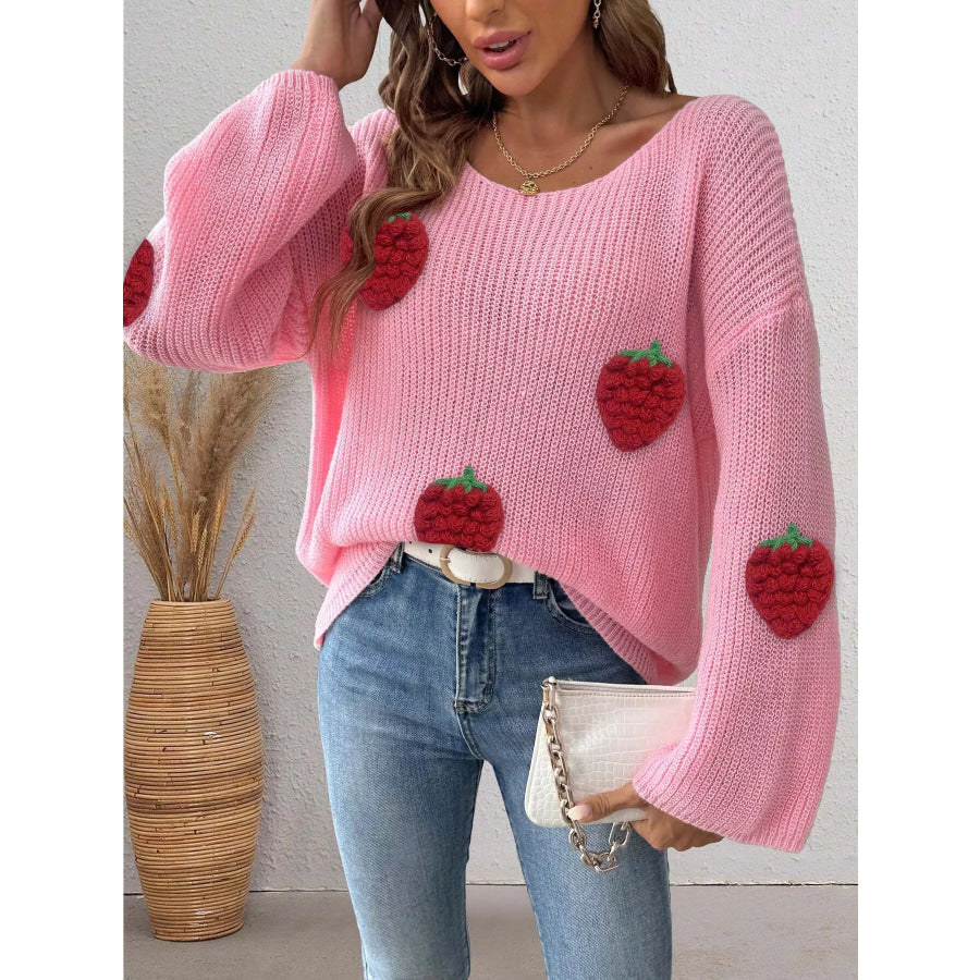 Strawberry Applique Oversized Sweater Apparel and Accessories