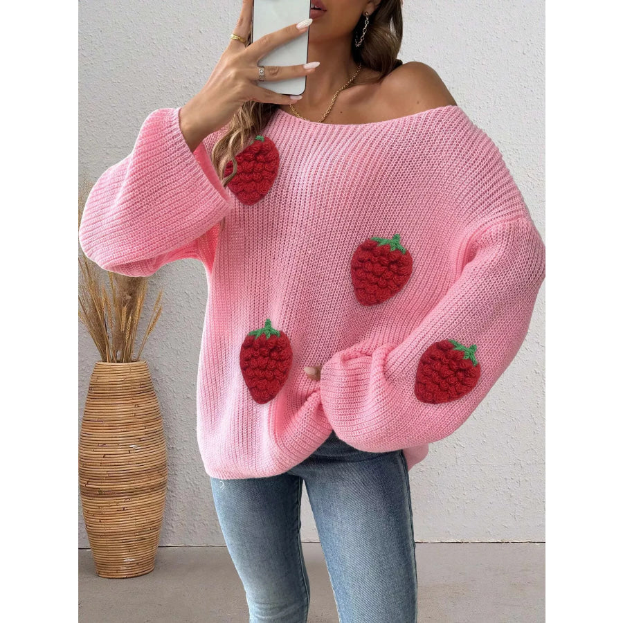 Strawberry Applique Oversized Sweater Apparel and Accessories