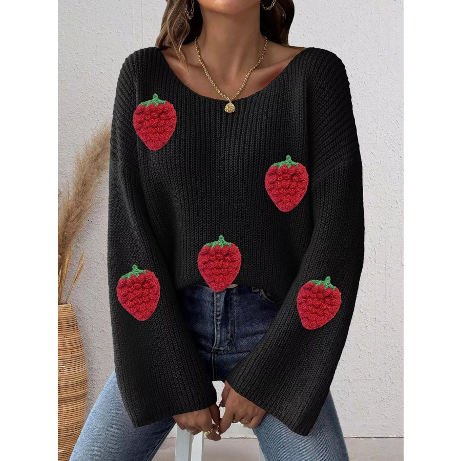 Strawberry Applique Oversized Sweater Apparel and Accessories