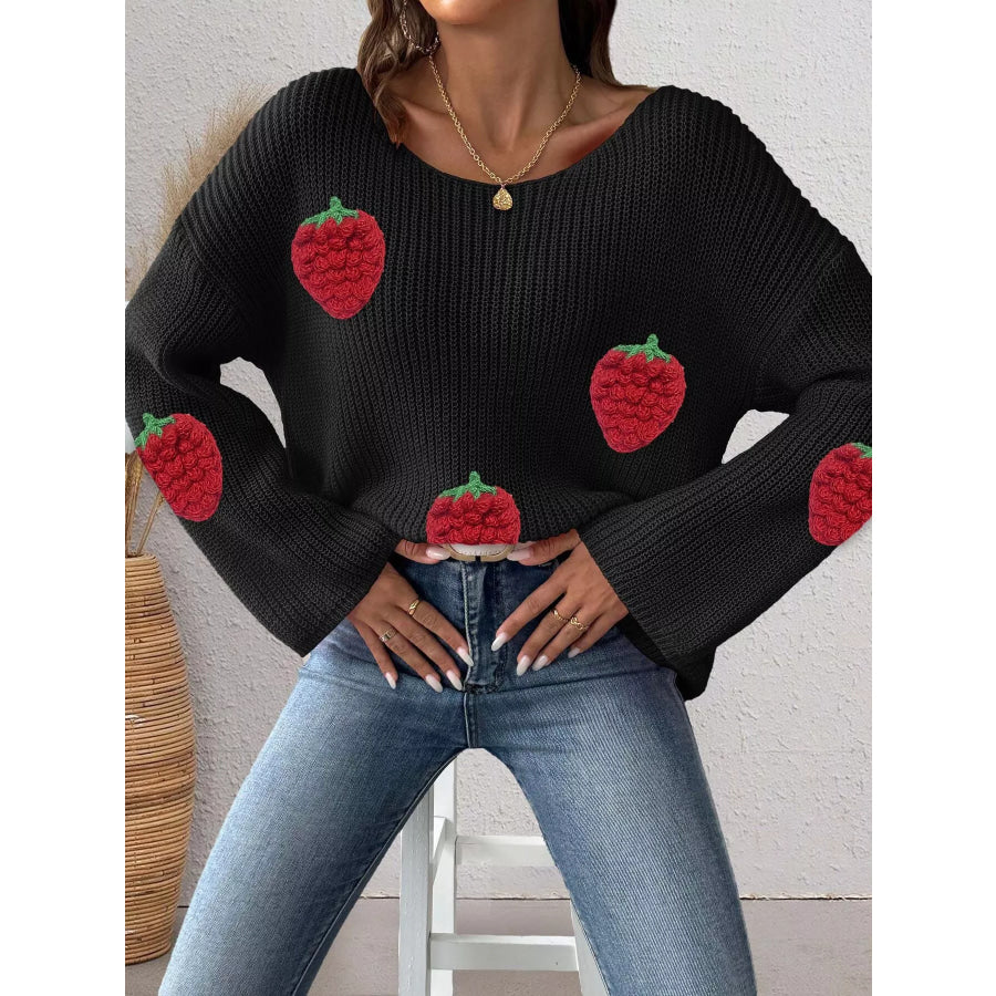 Strawberry Applique Oversized Sweater Black / S Apparel and Accessories