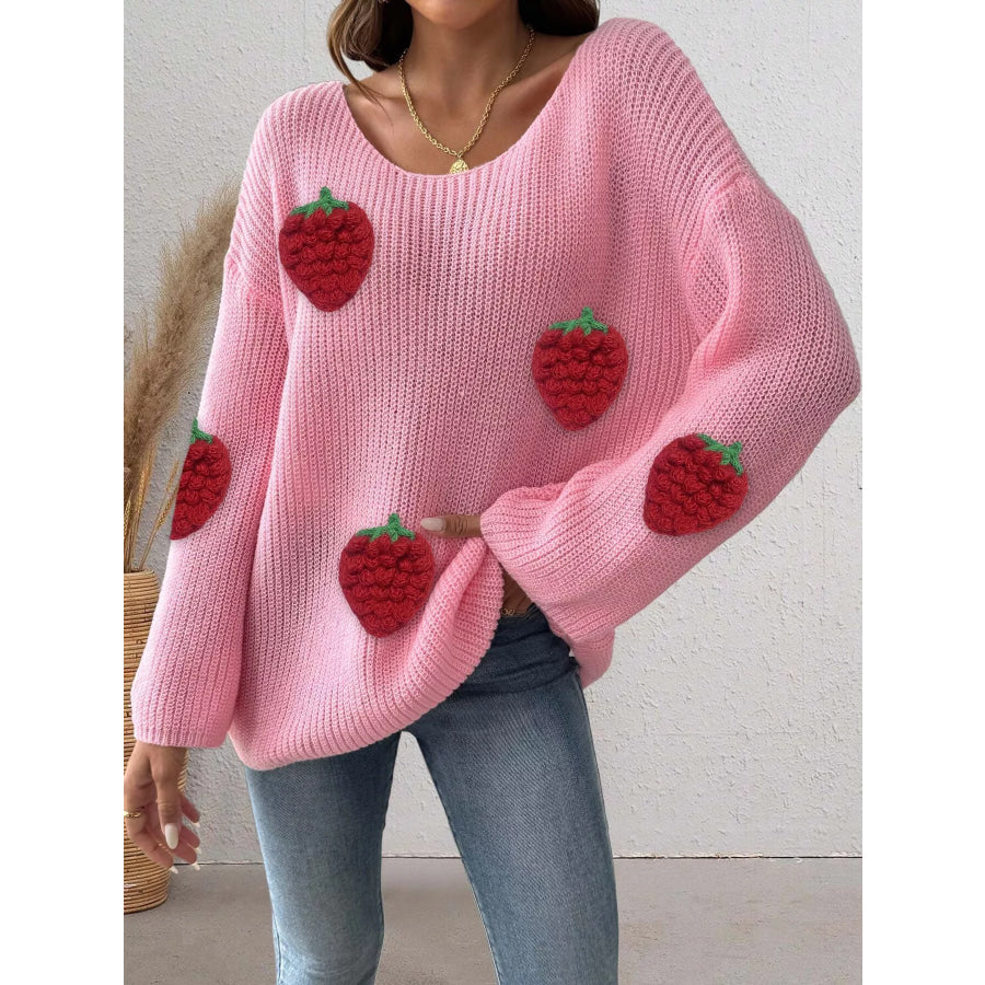 Strawberry Applique Oversized Sweater Pink / S Apparel and Accessories