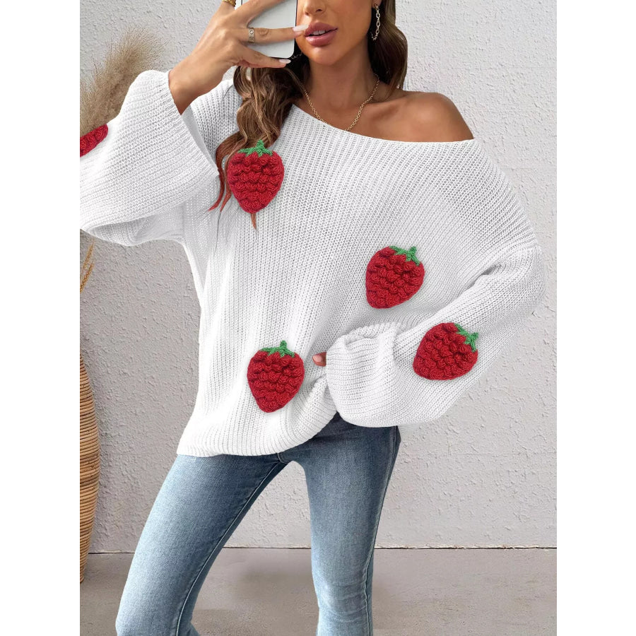 Strawberry Applique Oversized Sweater White / S Apparel and Accessories