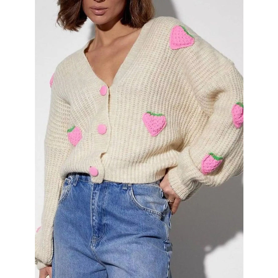 Strawberry Button Down Cardigan Beige / S Apparel and Accessories