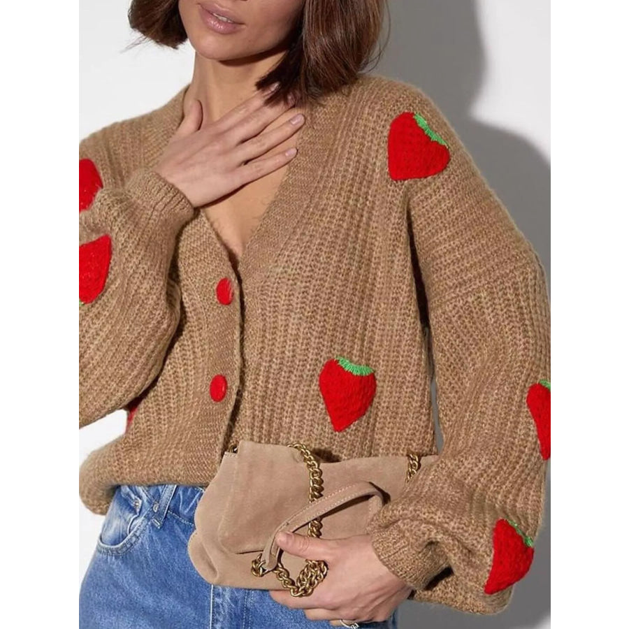 Strawberry Button Down Cardigan Caramel / S Apparel and Accessories