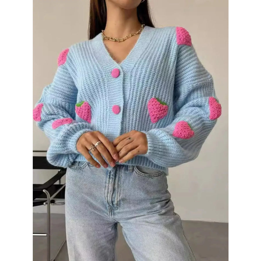 Strawberry Button Down Cardigan Light Blue / S Apparel and Accessories