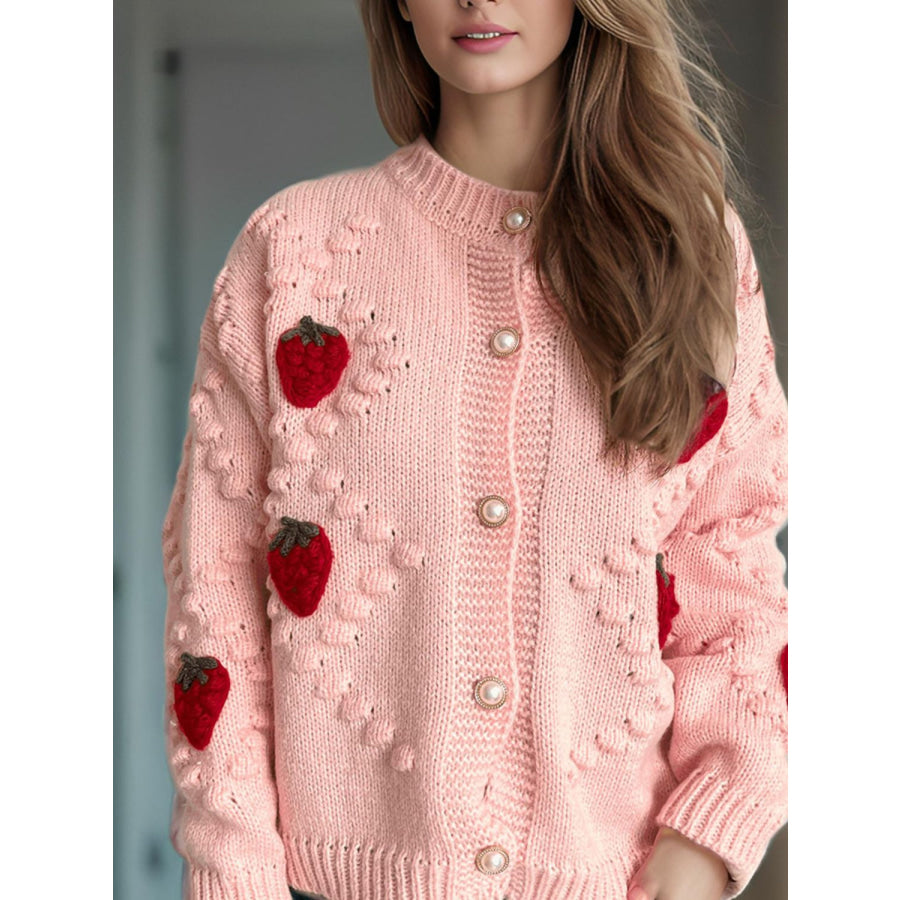 Strawberry Button Down Long Sleeve Cardigan Dusty Pink / One Size Apparel and Accessories