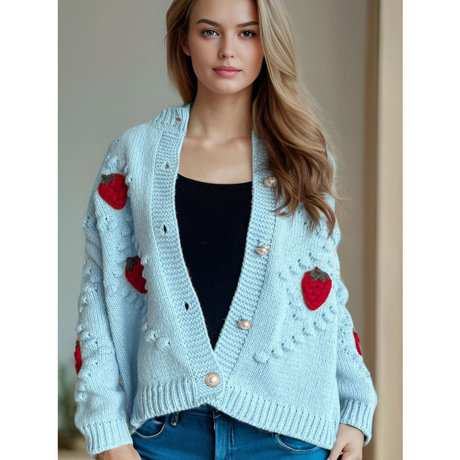 Strawberry Button Down Long Sleeve Cardigan Pastel Blue / One Size Apparel and Accessories