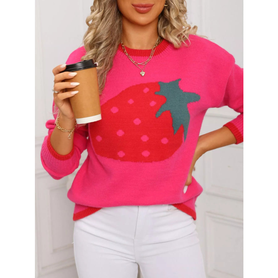 Strawberry Crew Neck Sweater Rose Red / S Apparel and Accessories