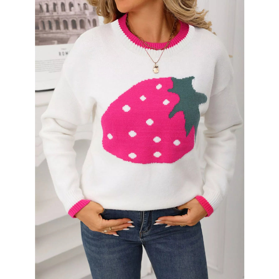 Strawberry Crew Neck Sweater White / S Apparel and Accessories