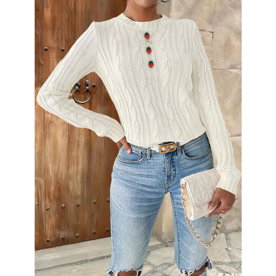 Strawberry Embellished Cable Knit Round Neck Sweater Apparel and Accessories