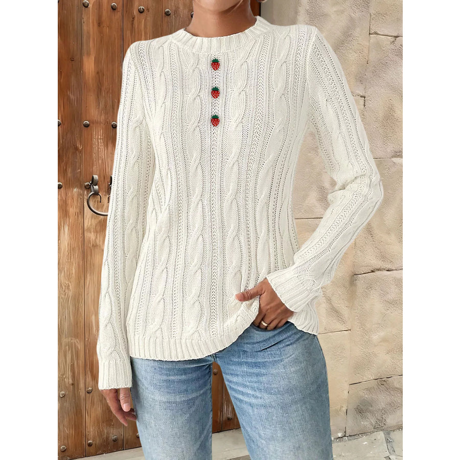 Strawberry Embellished Cable Knit Round Neck Sweater Apparel and Accessories