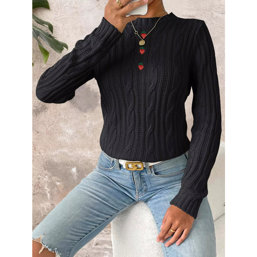 Strawberry Embellished Cable Knit Round Neck Sweater Apparel and Accessories
