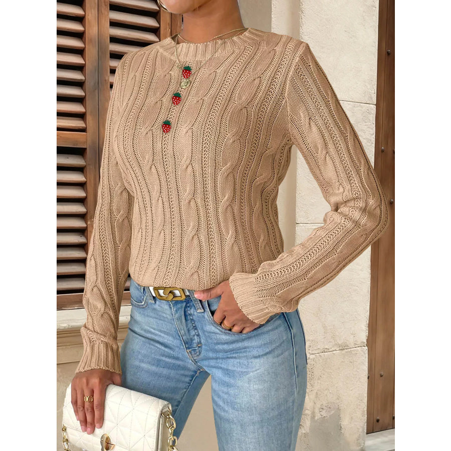 Strawberry Embellished Cable Knit Round Neck Sweater Apparel and Accessories