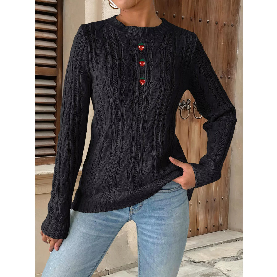 Strawberry Embellished Cable Knit Round Neck Sweater Apparel and Accessories