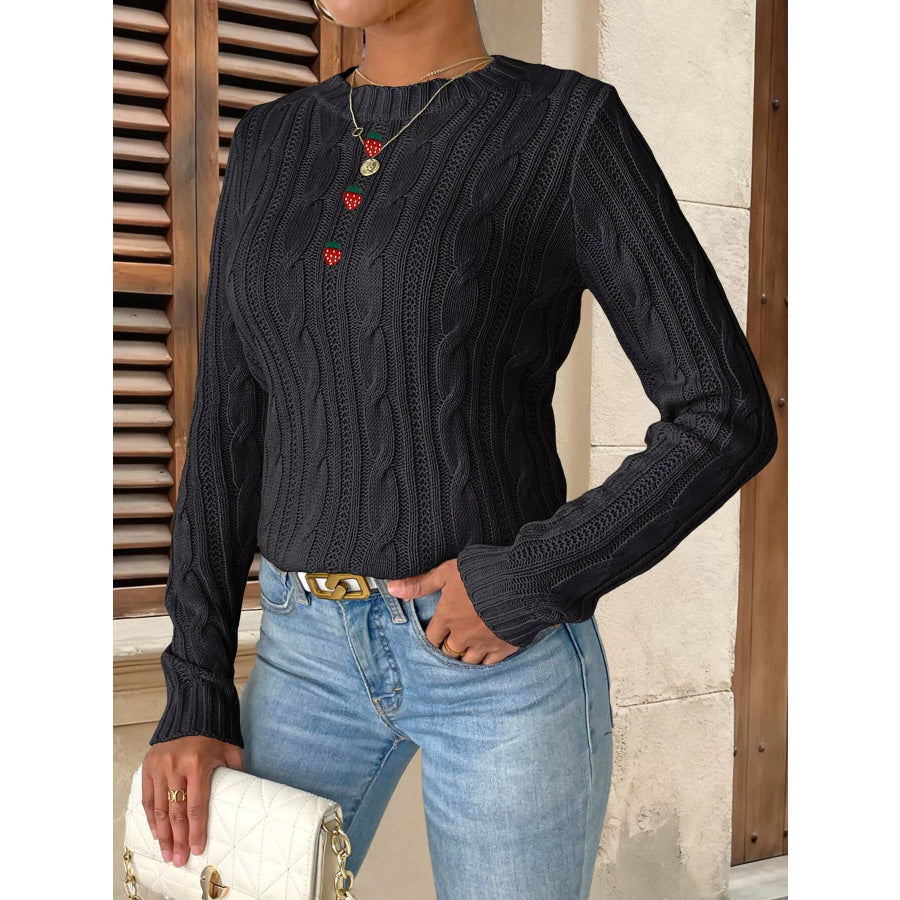 Strawberry Embellished Cable Knit Round Neck Sweater Black / S Apparel and Accessories