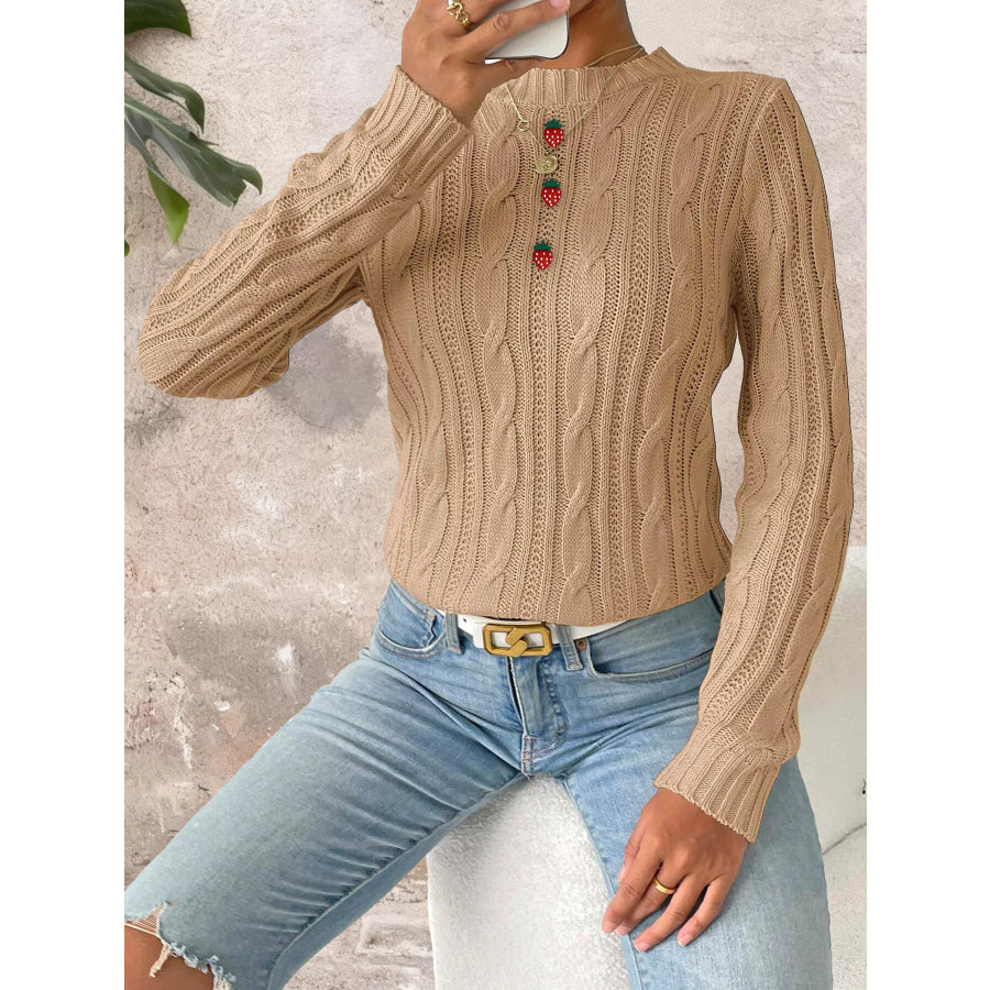 Strawberry Embellished Cable Knit Round Neck Sweater Khaki / S Apparel and Accessories