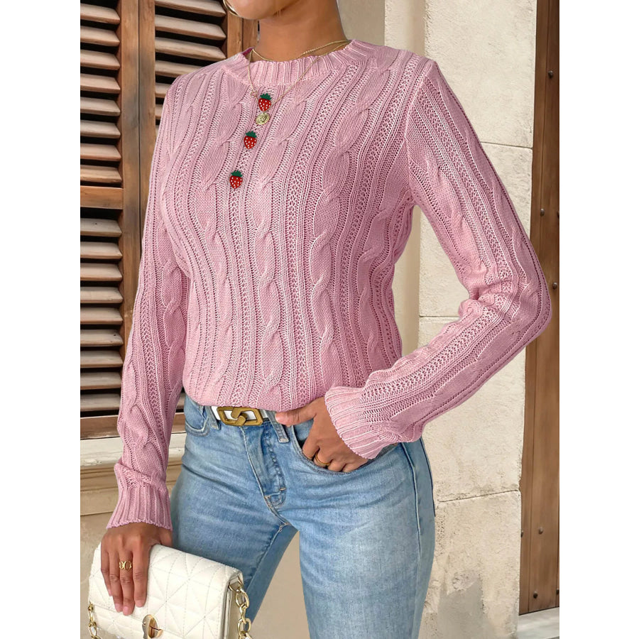 Strawberry Embellished Cable Knit Round Neck Sweater Pink / S Apparel and Accessories