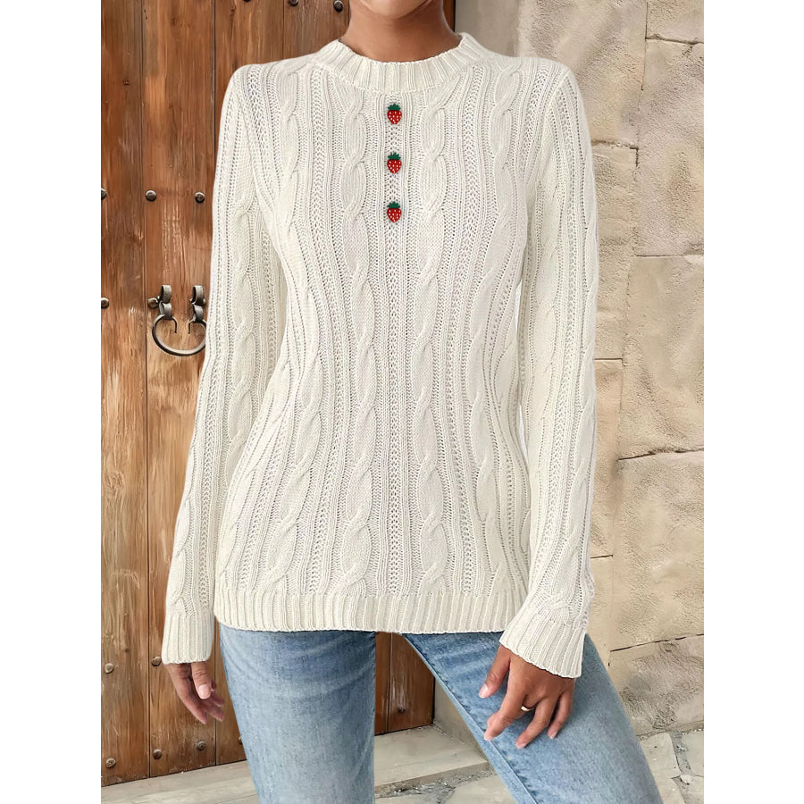 Strawberry Embellished Cable Knit Round Neck Sweater White / S Apparel and Accessories