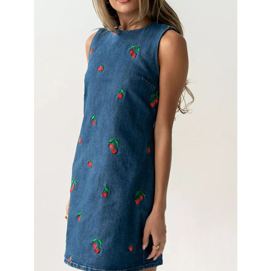 Strawberry Embroidered Sleeveless Denim Dress Apparel and Accessories